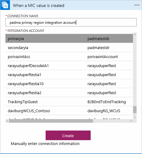 Screenshot, der zeigt, wo Sie einen Verbindungsnamen eingeben können, wenn ein MIC-Wert erstellt wird.