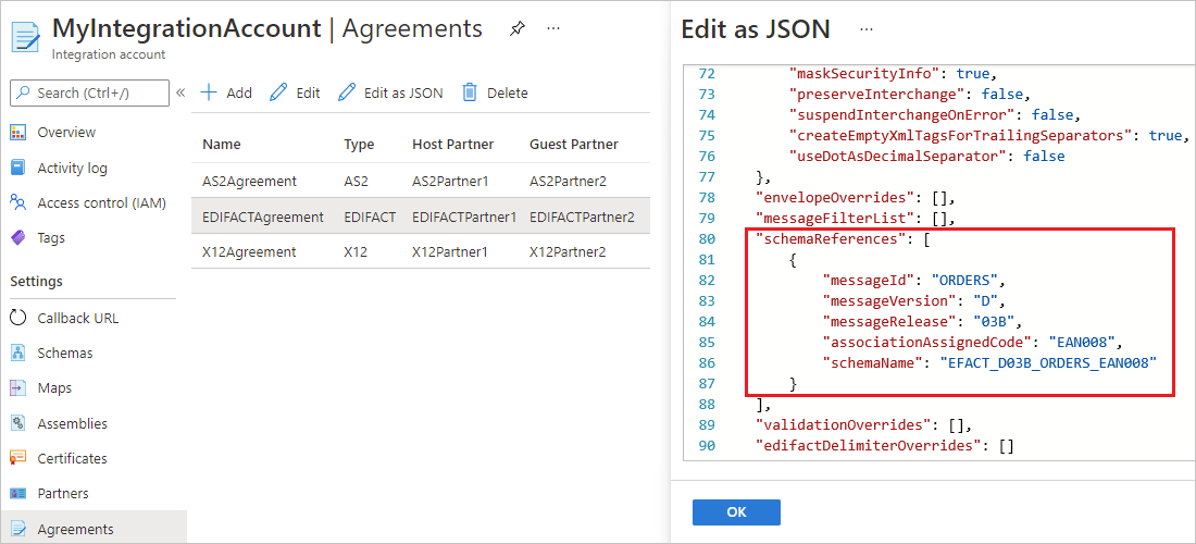 Screenshot showing the Azure portal with an EDIFACT agreement's 