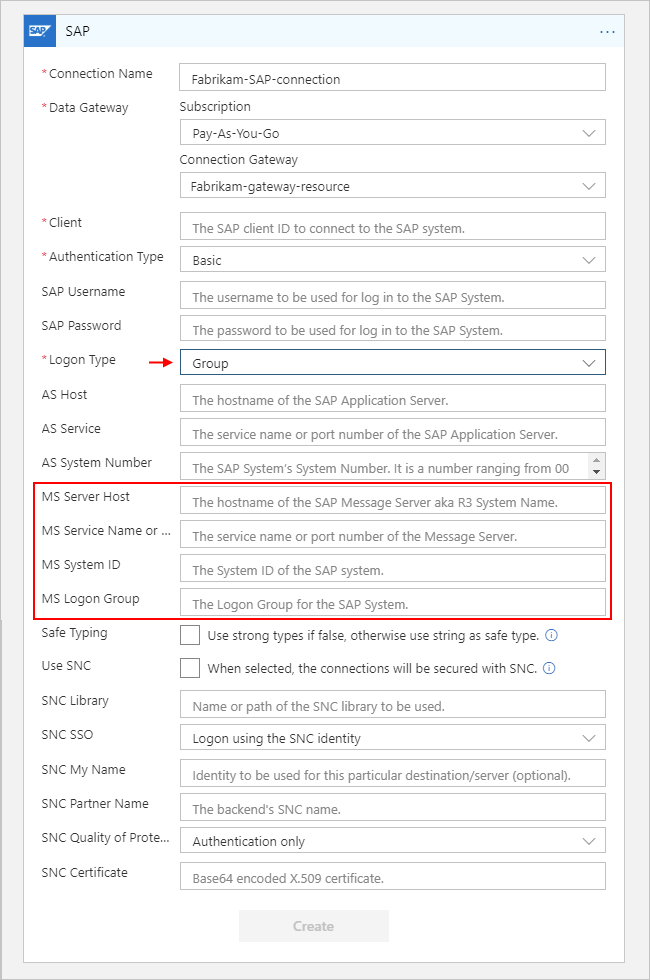 Screenshot: Erstellen einer Verbindung mit einem SAP-Nachrichtenserver