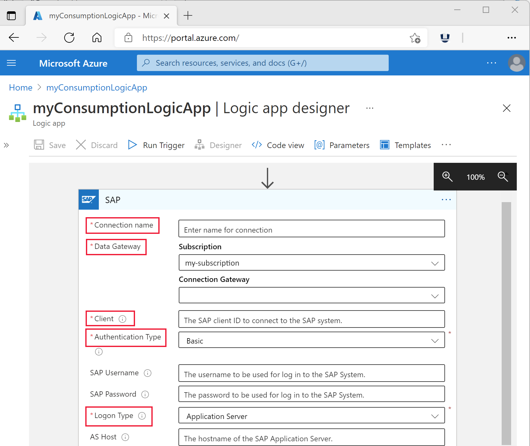 Screenshot: Workflow-Designer mit Einstellungen für die SAP-Verbindung