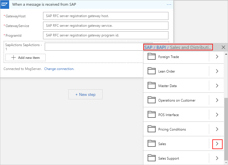 Screenshot: Hinzufügen einer SAP-Aktion zu einem Logik-App-Workflow