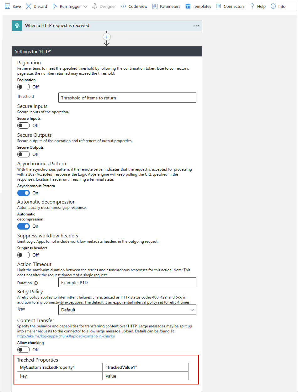 Screenshot des Azure-Portals: Designer für Verbrauchsworkflows mit einer HTTP-Aktion mit nachverfolgten Eigenschaften.