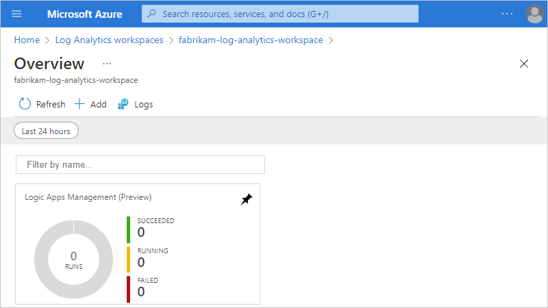 Screenshot des Azure-Portals: Bereich „Zusammenfassung des Arbeitsbereichs“ mit der Logic Apps-Verwaltungslösung.
