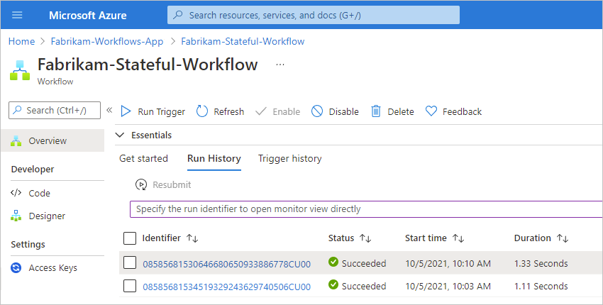 Screenshot, der den Workflow-Ausführungsverlauf anzeigt.
