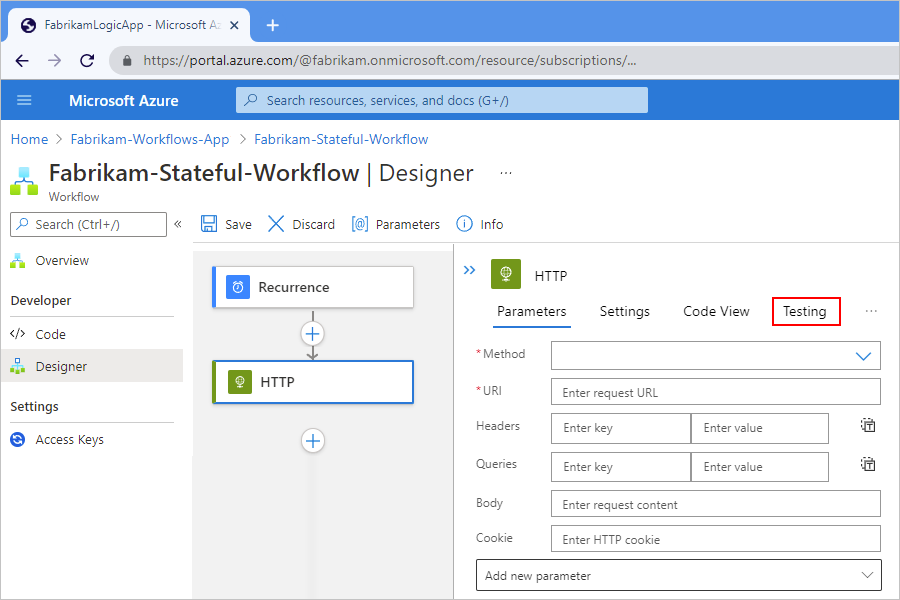 Der Screenshot zeigt das Azure-Portal, den Workflow-Designer, das Aktionsdetailbereich und die Auswahl „Testen“.