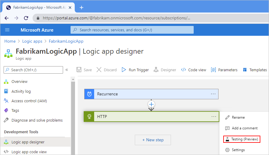 Der Screenshot zeigt das Azure-Portal, den Workflow-Designer, das Aktionskurzmenü und die Auswahl „Testen“.
