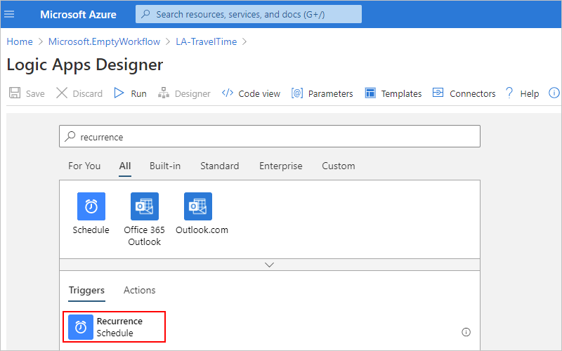 Screenshot des Azure-Portals mit dem Workflow-Designer, dem Suchfeld mit der Eingabe „Serie“ und dem ausgewählten Auslöser „Serie“.