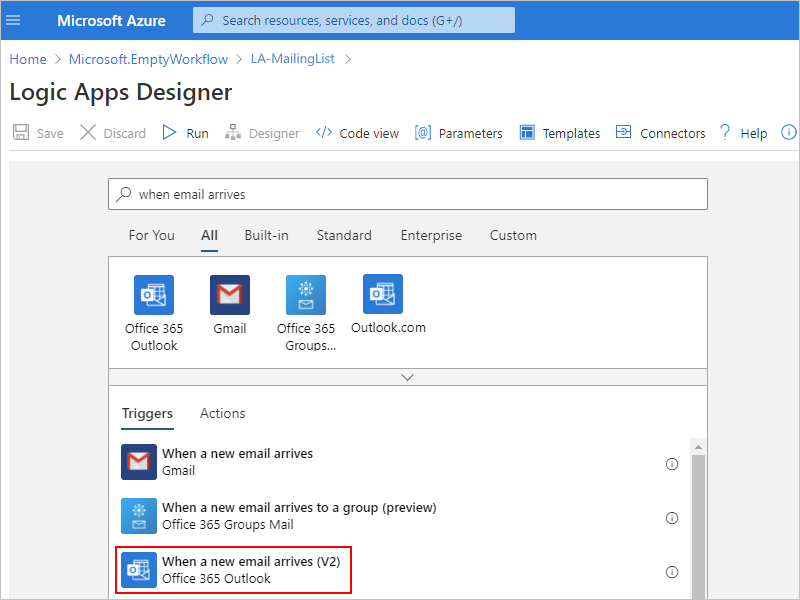Screenshot: Suchfeld des Designers für Logik-Apps mit dem Suchbegriff „wenn E-Mail empfangen wird“ und ausgewählter Trigger „Wenn eine neue E-Mail empfangen wird“