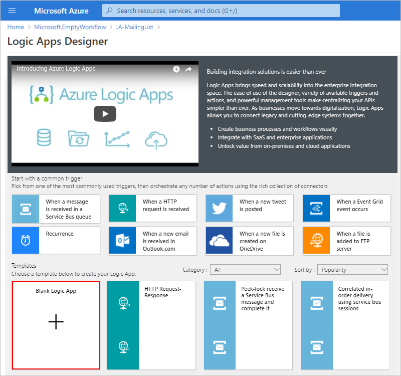 Screenshot: Bereich zum Auswählen einer Logic Apps-Vorlage mit ausgewählter Option „Leere Logik-App“
