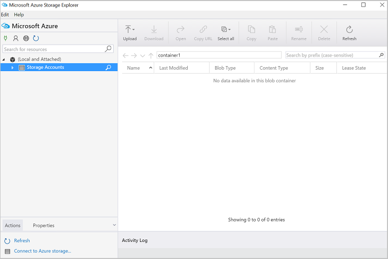 Screenshot von Azure Storage-Explorer beim Zugreifen auf ein Speicherkonto