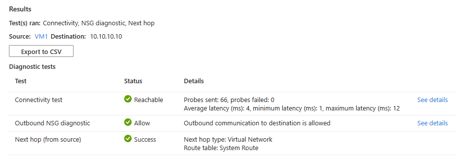 Screenshot der Verbindungsproblembehandlung nach dem Testen der Verbindung mit einer erreichbaren IP-Adresse.