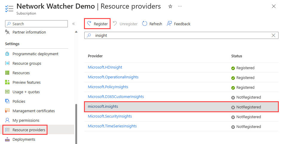 Screenshot des Registrierens des Anbieters „Microsoft.Insights“ im Azure-Portal.