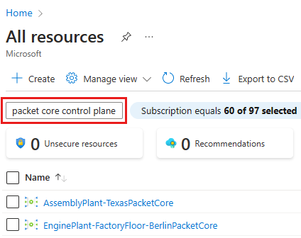 Screenshot des Azure-Portals, der die Seite „Alle Ressourcen“ gefiltert zeigt, um nur Packet Core-Steuerungsebene-Ressourcen anzuzeigen.