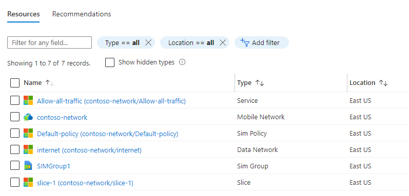 Screenshot des Azure-Portals mit einer Ressourcengruppe, die mobile Netzwerk-, SIM-, SIM-Gruppen-, Dienst-, SIM-Richtlinien-, Datennetzwerk- und Datenschnittressourcen enthält.