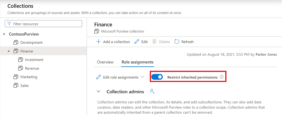 Screenshot of Microsoft Purview studio collection window, with the role assignments tab selected, and the unrestrict inherited permissions slide button highlighted.