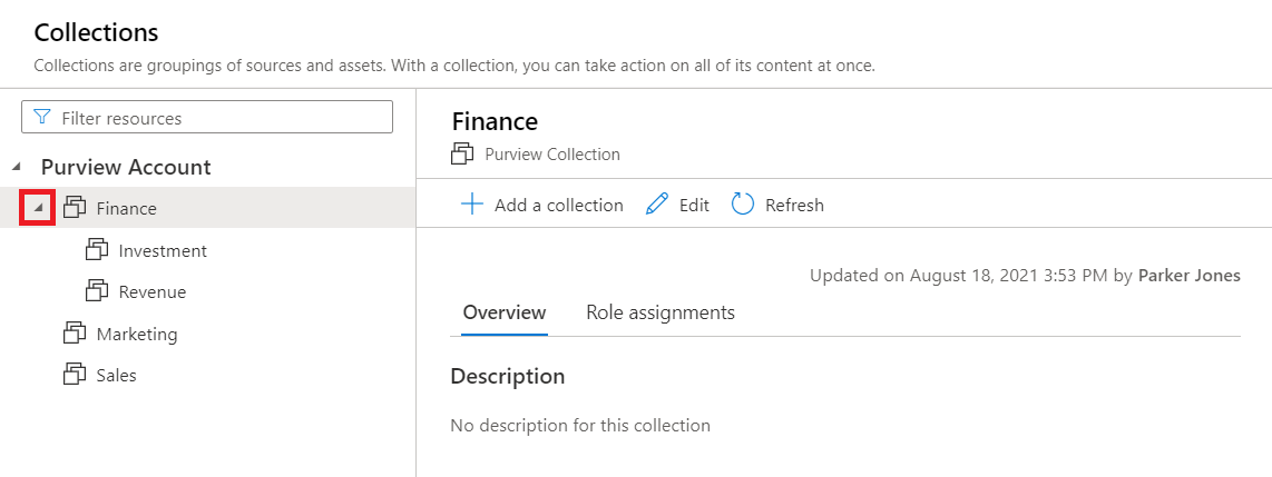 Screenshot of Microsoft Purview studio collection window, with the button next to the collection name highlighted.