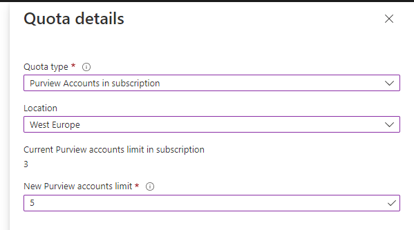 Screenshot: Eingeben des Kontingentbetrags für Microsoft Purview-Konten pro Abonnement