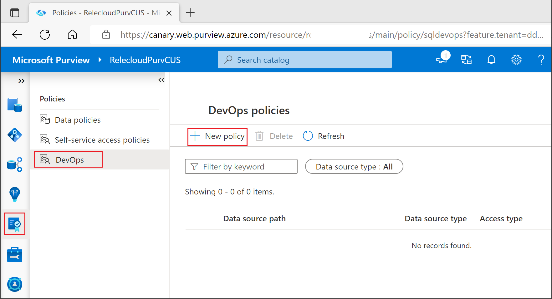 Screenshot: Schaltfläche zum Erstellen einer neuen SQL DevOps-Richtlinie