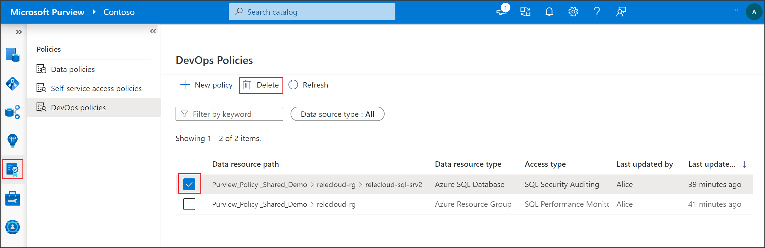 Screenshot: Auswahl zum Löschen einer SQL DevOps-Richtlinie