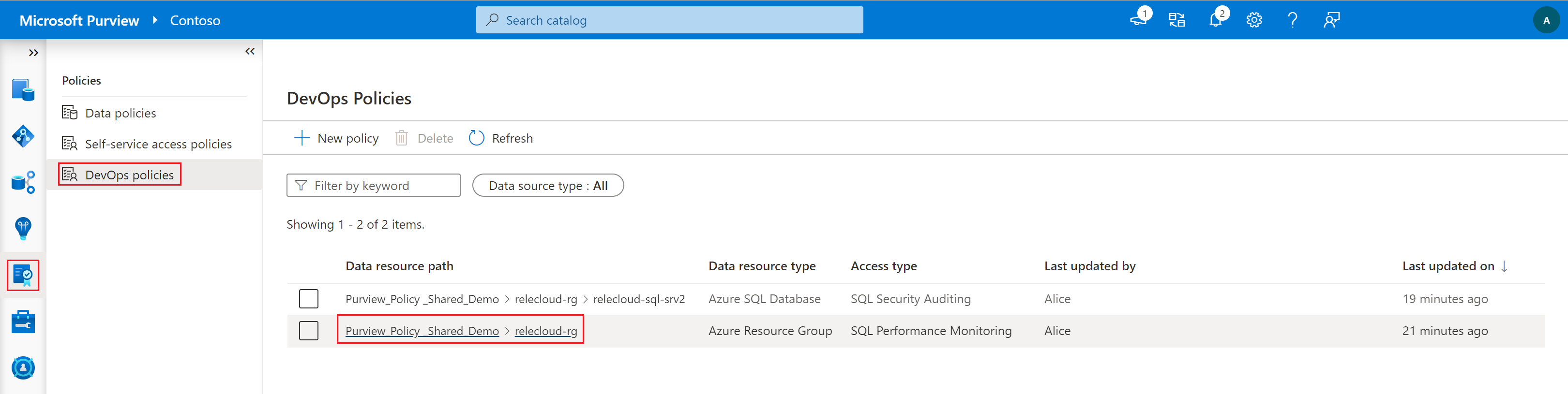 Screenshot: Auswahl zum Öffnen von SQL DevOps-Richtlinien