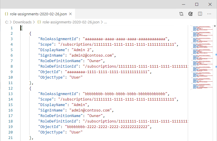 Screenshot der heruntergeladenen Rollenzuweisungen im JSON-Format.