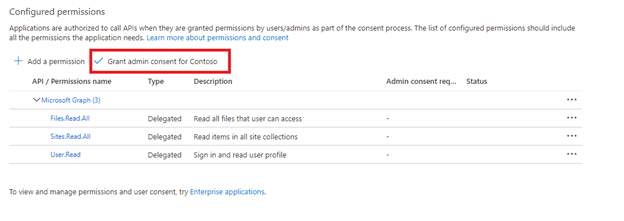 Screenshot der Microsoft Entra-App, die Administratoreinwilligung erteilt.