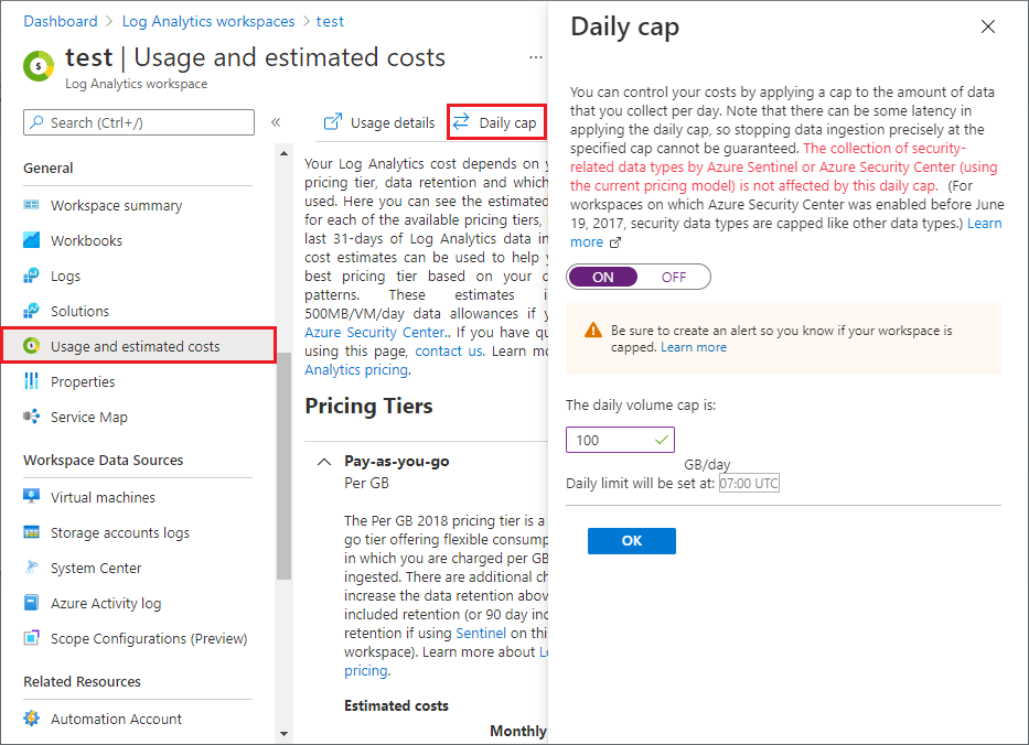 Screenshot: Bildschirm „Nutzungs- und geschätzte Kosten“ und Fenster „Tägliche Obergrenze“.