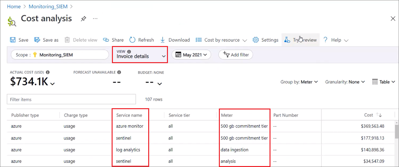 Screenshot showing the Microsoft Sentinel section of a sample Azure bill.