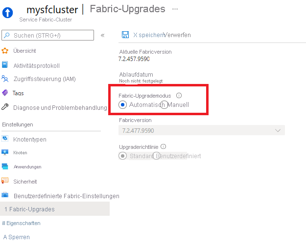 Auswählen von „Automatisch“ oder „Manuell“ im Abschnitt „Fabric-Upgrades“ Ihrer Clusterressource im Azure-Portal.