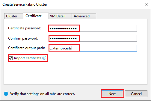 Screenshot der Registerkarte „Zertifikat“ des Dialogfelds „Service Fabric-Cluster erstellen“.