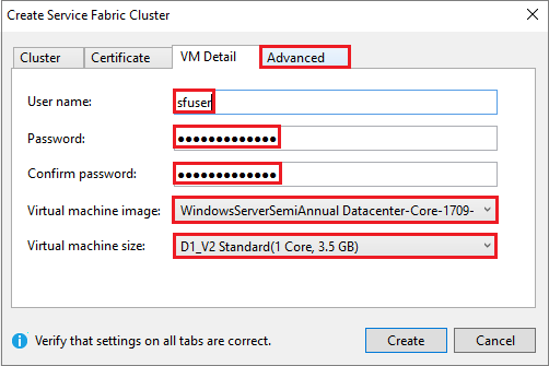 Screenshot der Registerkarte „VM-Details“ des Dialogfelds „Service Fabric-Cluster erstellen“.