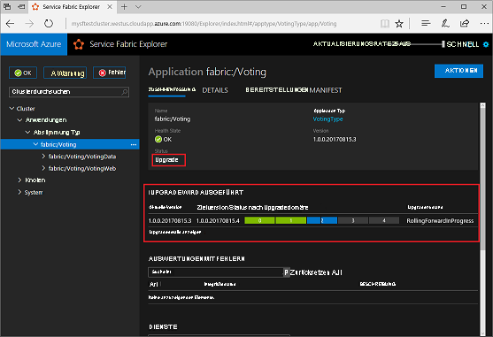 Screenshot: Voting-App in Service Fabric Explorer. Die Statusmeldung „Upgrade wird durchgeführt“ und eine Meldung vom Typ „Das Upgrade wird ausgeführt...“ sind hervorgehoben.