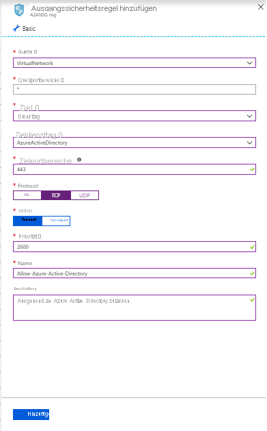 Screenshot zeigt einen Bereich „Ausgehende Sicherheitsregel hinzufügen“ für eine Sicherheitsregel für Microsoft Entra ID.