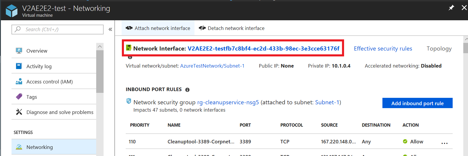 Screenshot: Seite „Netzwerk“ für eine VM, wobei der Name der Netzwerkschnittstelle ausgewählt ist.