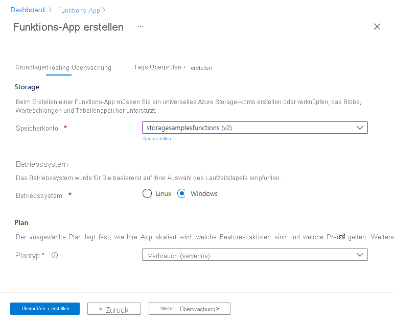Screenshot showing how to create a new function app in Azure - Hosting tab