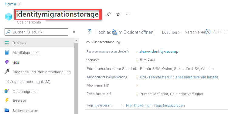 A screenshot showing how to find the storage account name.