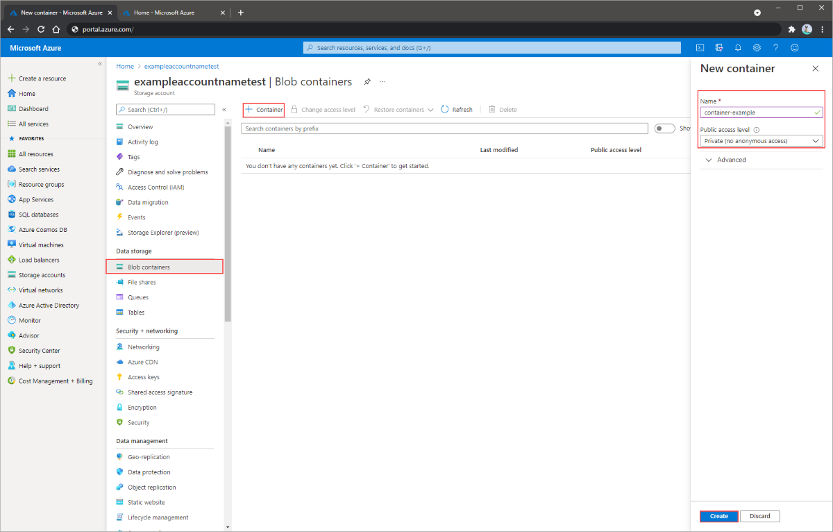 Screenshot: Erstellen eines Containers über das Azure-Portal