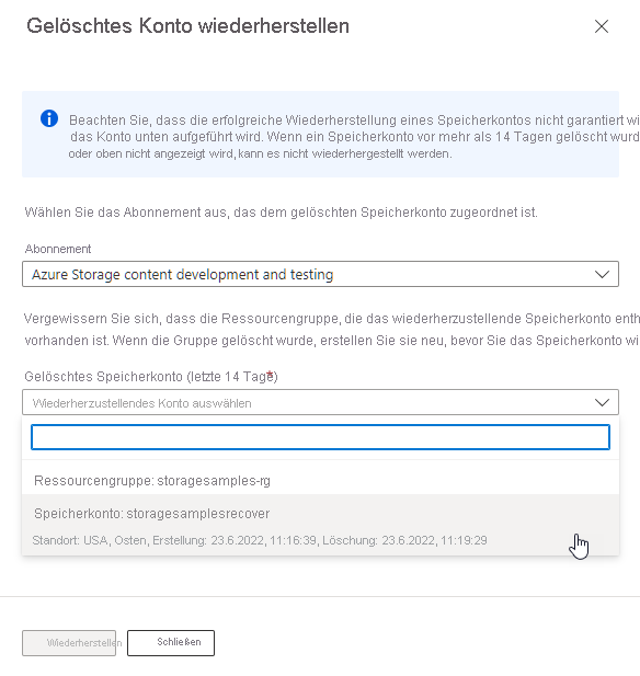 Der Screenshot zeigt, wie ein Speicherkonto im Azure-Portal wiederhergestellt wird