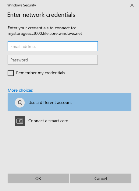 Screenshot of the network credential dialog selecting use a different account.
