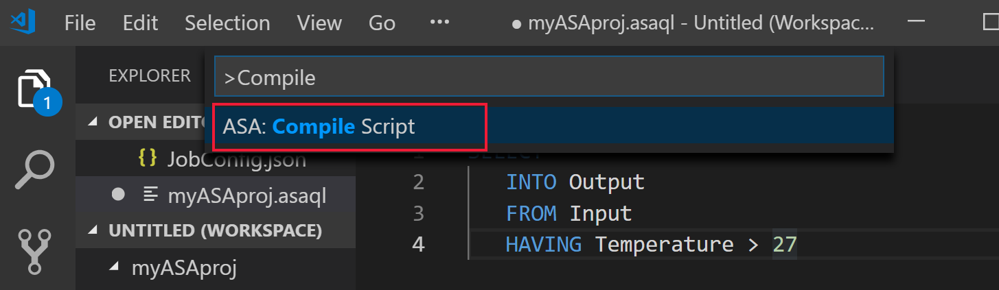 Verwenden der Visual Studio Code-Befehlspalette zum Kompilieren des Skripts
