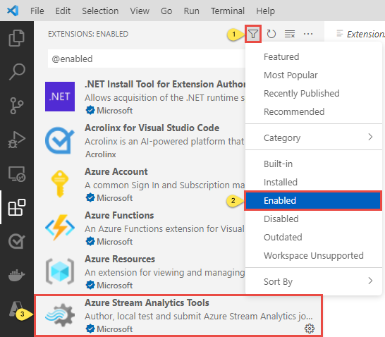 Azure Stream Analytics-Tools unter den aktivierten Erweiterungen in Visual Studio Code