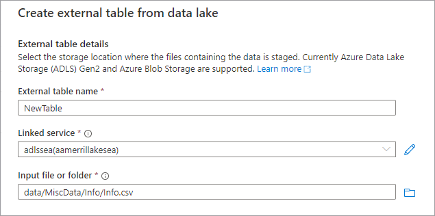 Screenshot: Optionen im Bereich „Externe Tabelle aus Data Lake erstellen“