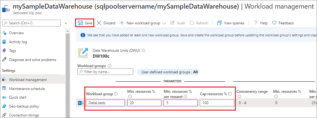 Screenshot des Azure-Portals, der Seite „Workloadverwaltung“ für einen dedizierten SQL-Pool. „Speichern“ auswählen.