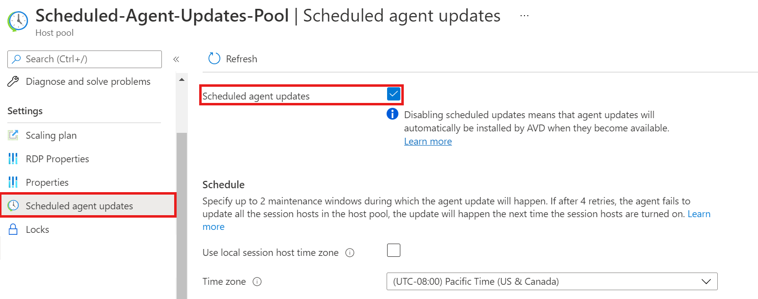 Screenshot mit Optionen für die geplanten Agent-Updates im Hostpool-Inhaltsverzeichnis and Kontrollkästchen zur Aktivierung der geplanten Agent-Updates. Beide sind ausgewählt und durch einen roten Rand markiert.