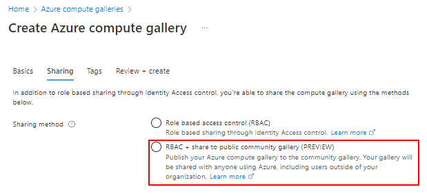 Screenshot: Option zur Freigabe mit rollenbasierter Zugriffssteuerung (RBAC) und zur Freigabe eines Communitykatalogs