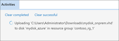 Screenshot: Azure Storage-Explorer mit hervorgehobenem Bereich „Aktivitäten“, der Meldungen zum Uploadstatus enthält.