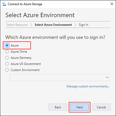 Screenshot: Azure Storage-Explorer mit hervorgehobener Option „Azure-Umgebung“.