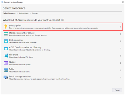 Screenshot: Azure Storage-Explorer mit hervorgehobener Option „Abonnement“.