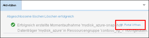 Screenshot: Azure Storage-Explorer mit hervorgehobenem Link im Bereich „Aktivitäten“, der Statusmeldungen zur Momentaufnahme enthält.