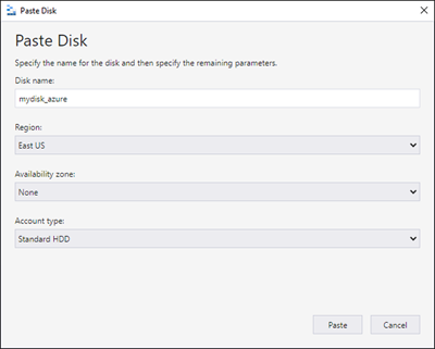 Screenshot: Formular zum Einfügen eines Datenträgers im Azure Storage-Explorer.